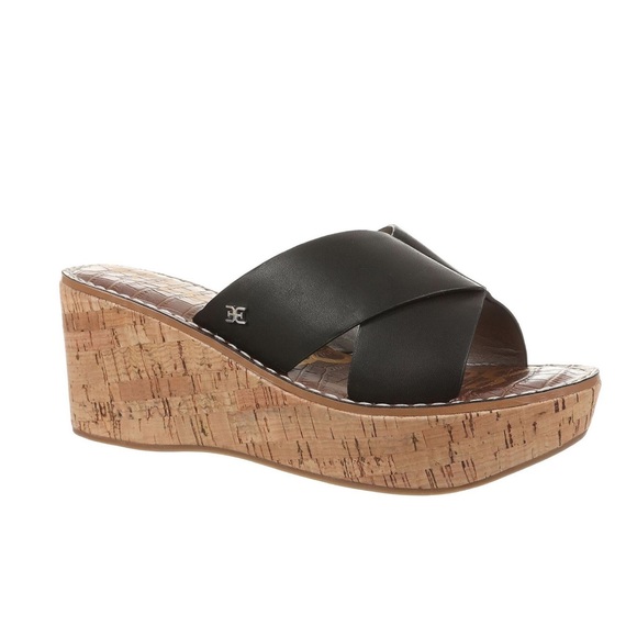 Sam Edelman Shoes - Sam Edelman Remini Black Leather Wedge Sandals Size 9